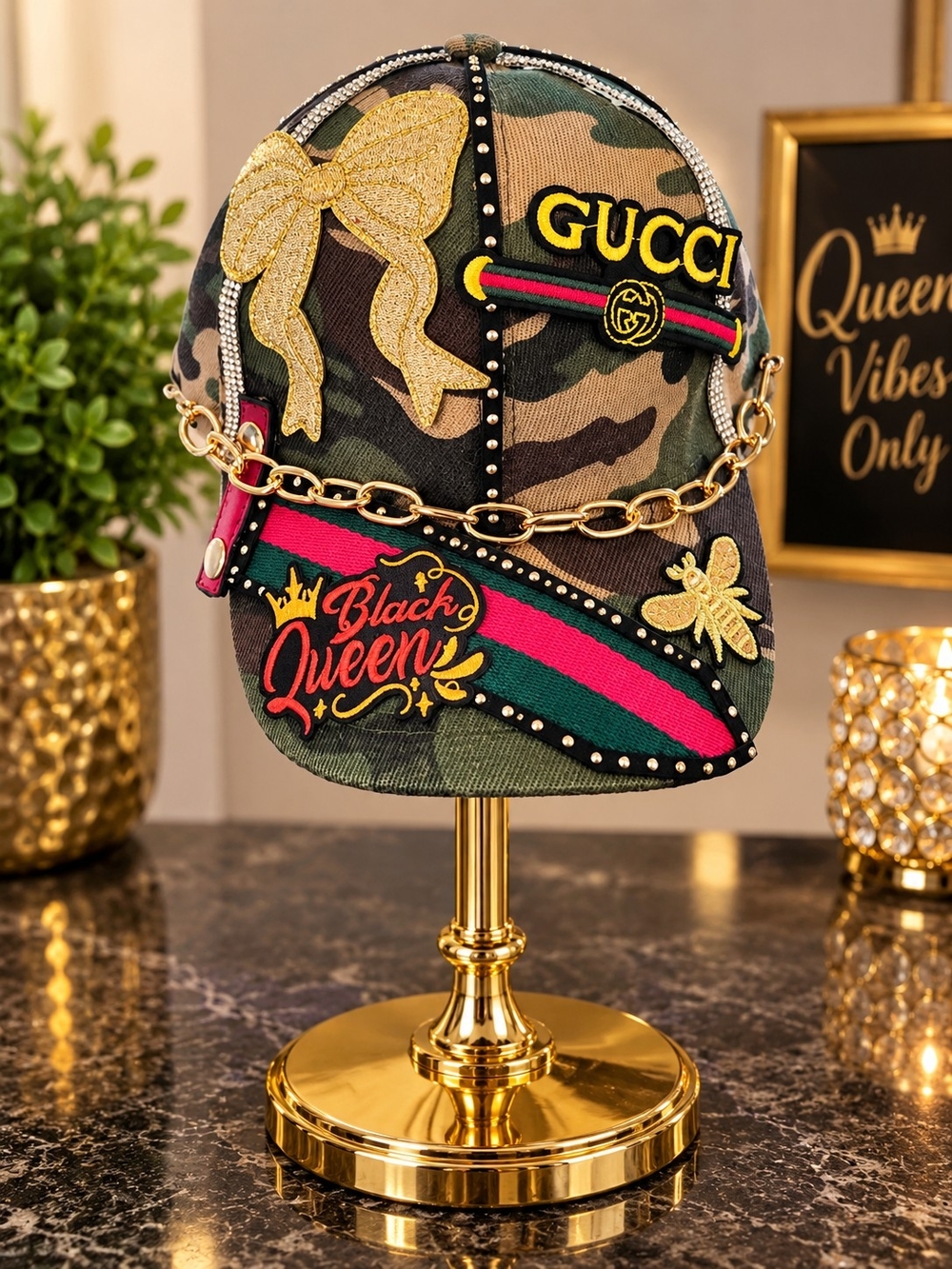 Custom Made Gucci Embellished Camo Hat in Green & Black - Picture 2 of 2